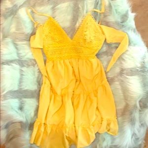 Yellow summer dress spaghetti straps and backless